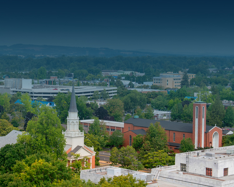 Elevated view of a town with church steeples and surrounding greenery under a cloudy sky.